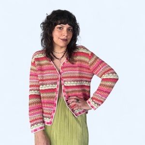 Striped Pink Multi Crochet Cardigan Sweater